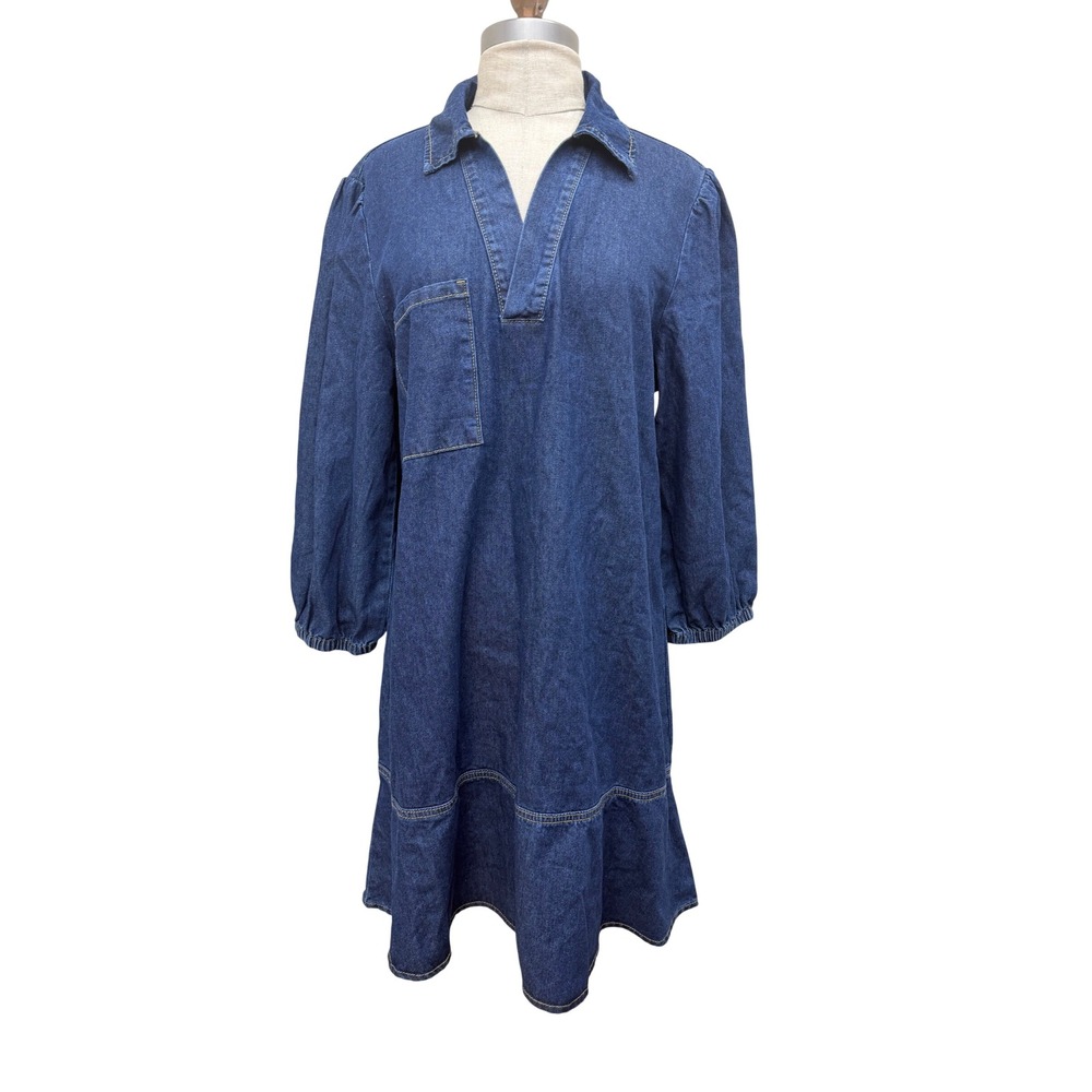 Dokotoo Denim Shift Dress Women Size M NEW V-Neck Puff Sleeve Ruffle Hem